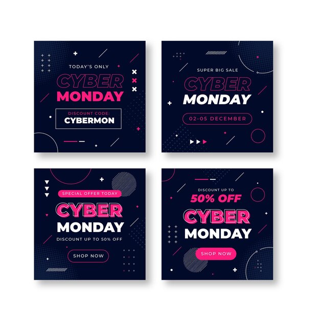 Colección plana de publicaciones de instagram de cyber monday