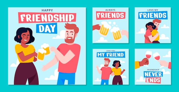 Vector gratuito colección plana de publicaciones de instagram del día de la amistad