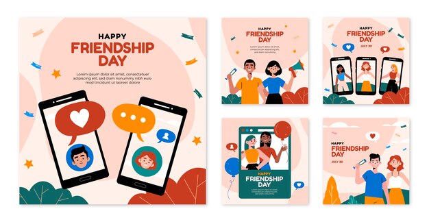 Colección plana de publicaciones de instagram del día de la amistad