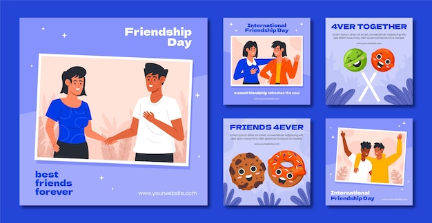 Vector gratuito colección plana de publicaciones de instagram del día de la amistad