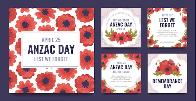 Colección plana de publicaciones de instagram del día de anzac