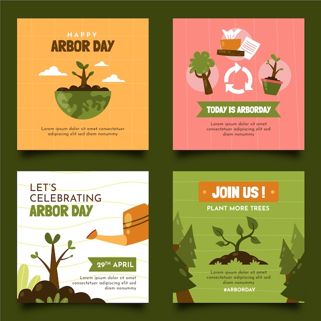 Vector gratuito colección plana de publicaciones de instagram del día del árbol