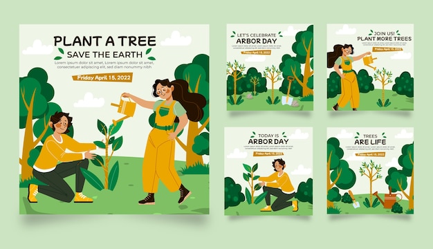 Vector gratuito colección plana de publicaciones de instagram del día del árbol