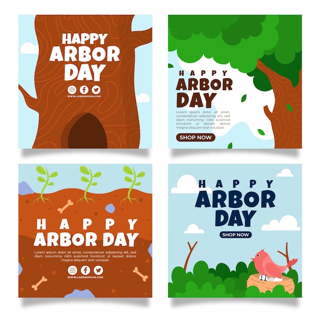 Vector gratuito colección plana de publicaciones de instagram del día del árbol