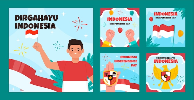 Colección plana de publicaciones de instagram del día de la independencia de indonesia