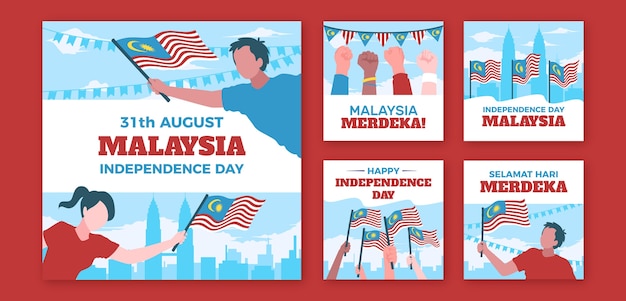 Colección plana de publicaciones de instagram para el día de la independencia de malasia