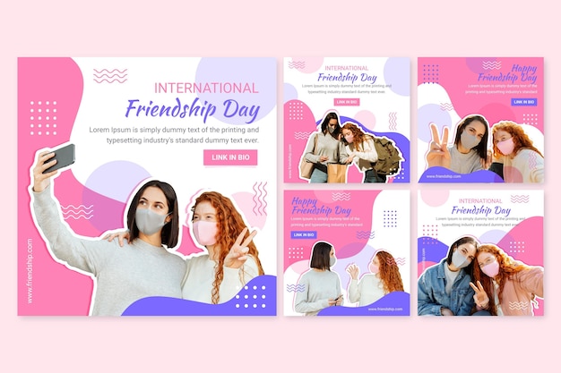 Vector gratuito colección plana de publicaciones de instagram del día internacional de la amistad