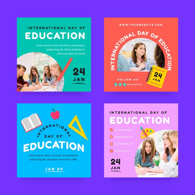 Colección plana de publicaciones de instagram del día internacional de la educación