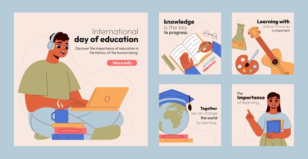 Vector gratuito colección plana de publicaciones de instagram del día internacional de la educación