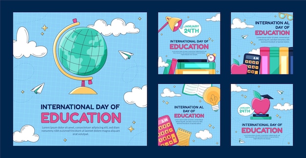 Vector gratuito colección plana de publicaciones de instagram del día internacional de la educación