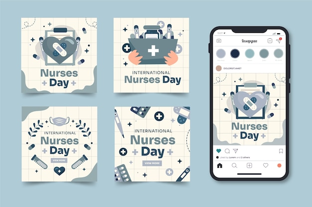 Colección plana de publicaciones de instagram del día internacional de la enfermera