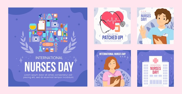 Vector gratuito colección plana de publicaciones de instagram del día internacional de la enfermera