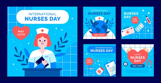 Vector gratuito colección plana de publicaciones de instagram del día internacional de la enfermera