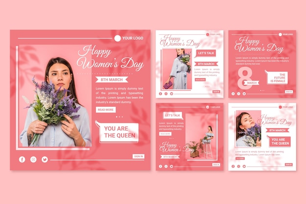 Vector gratuito colección plana de publicaciones de instagram del día internacional de la mujer