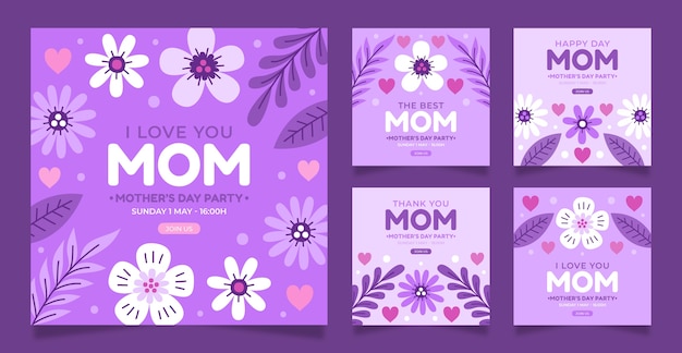 Vector gratuito colección plana de publicaciones de instagram del día de la madre