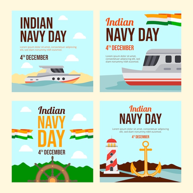 Colección plana de publicaciones de instagram del día de la marina india