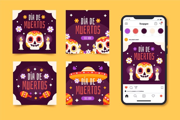 Colección plana de publicaciones de instagram de dia de muertos