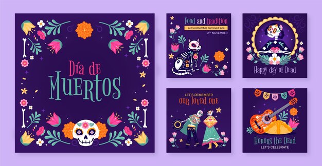 Colección plana de publicaciones de instagram de dia de muertos