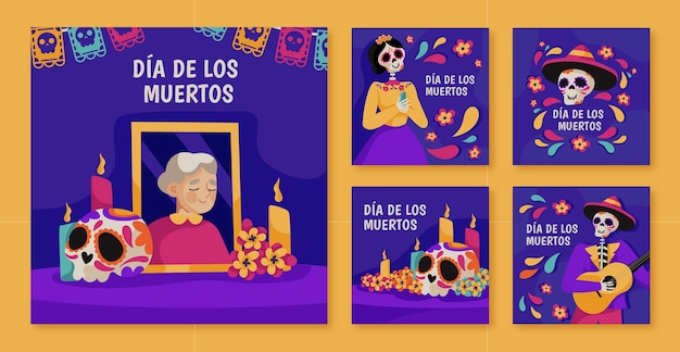 Vector gratuito colección plana de publicaciones de instagram de dia de muertos