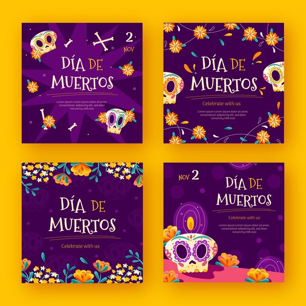 Colección plana de publicaciones de instagram de dia de muertos