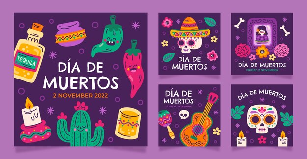Colección plana de publicaciones de instagram de dia de muertos