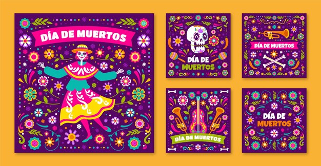 Colección plana de publicaciones de instagram de dia de muertos