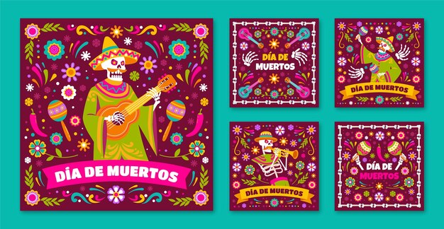 Colección plana de publicaciones de instagram de dia de muertos