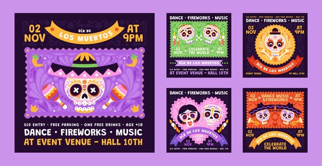 Colección plana de publicaciones de instagram de dia de muertos