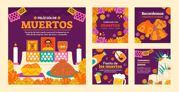 Vector gratuito colección plana de publicaciones de instagram de dia de muertos