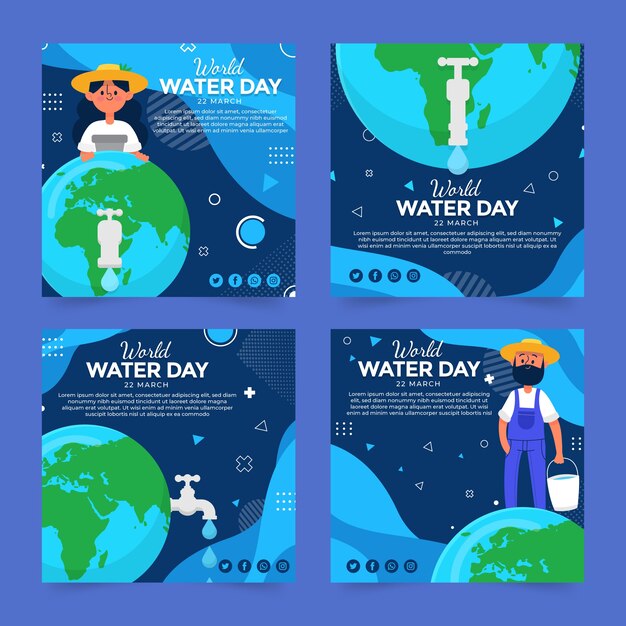 Vector gratuito colección plana de publicaciones de instagram del día mundial del agua
