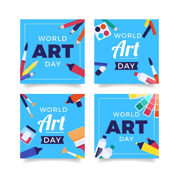 Vector gratuito colección plana de publicaciones de instagram del día mundial del arte