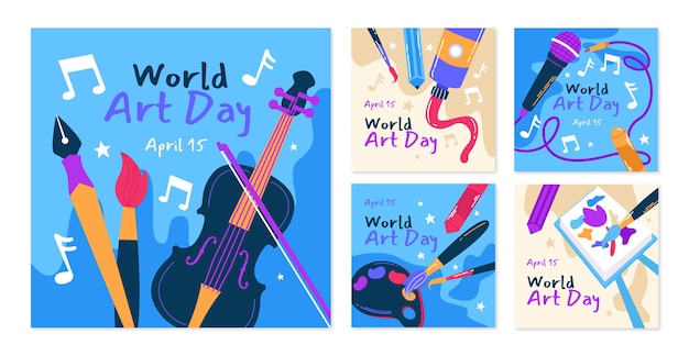 Vector gratuito colección plana de publicaciones de instagram del día mundial del arte