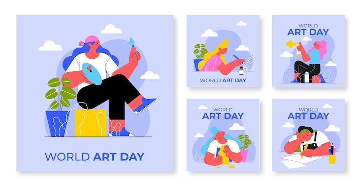 Vector gratuito colección plana de publicaciones de instagram del día mundial del arte