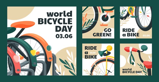 Vector gratuito colección plana de publicaciones de instagram del día mundial de la bicicleta