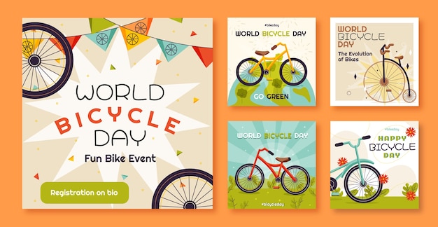 Colección plana de publicaciones de instagram del día mundial de la bicicleta