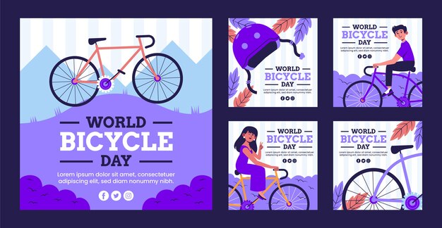 Colección plana de publicaciones de instagram del día mundial de la bicicleta