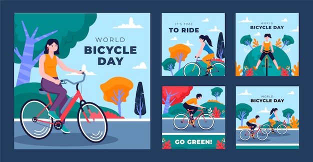 Colección plana de publicaciones de instagram del día mundial de la bicicleta