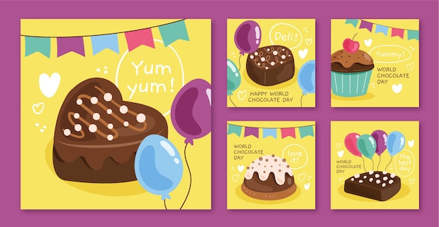 Vector gratuito colección plana de publicaciones de instagram del día mundial del chocolate