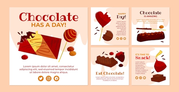 Colección plana de publicaciones de instagram del día mundial del chocolate