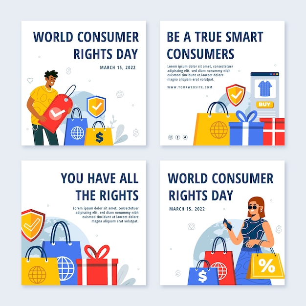 Vector gratuito colección plana de publicaciones de instagram del día mundial de los derechos del consumidor