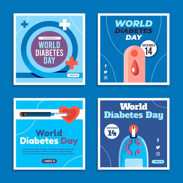 Colección plana de publicaciones de instagram del día mundial de la diabetes