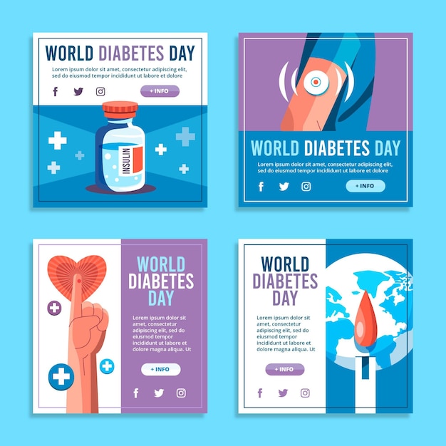 Colección plana de publicaciones de instagram del día mundial de la diabetes