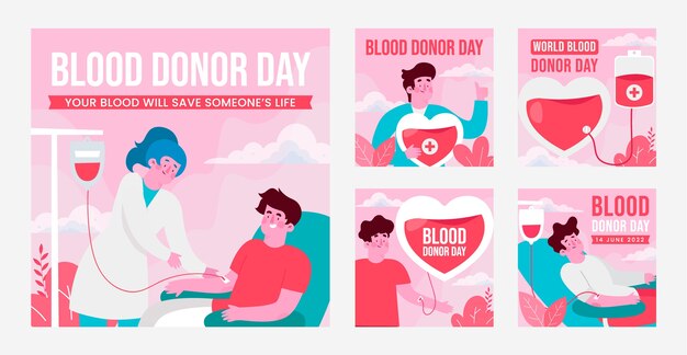 Colección plana de publicaciones de instagram del día mundial del donante de sangre
