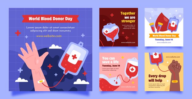 Colección plana de publicaciones de instagram del día mundial del donante de sangre