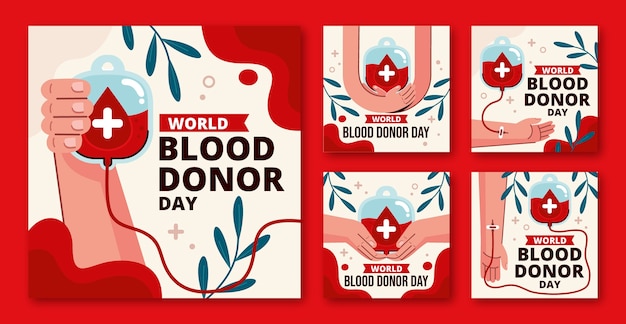 Colección plana de publicaciones de instagram para el día mundial del donante de sangre