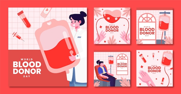 Vector gratuito colección plana de publicaciones de instagram para el día mundial del donante de sangre