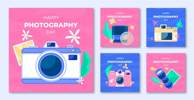 Colección plana de publicaciones de instagram para el día mundial de la fotografía