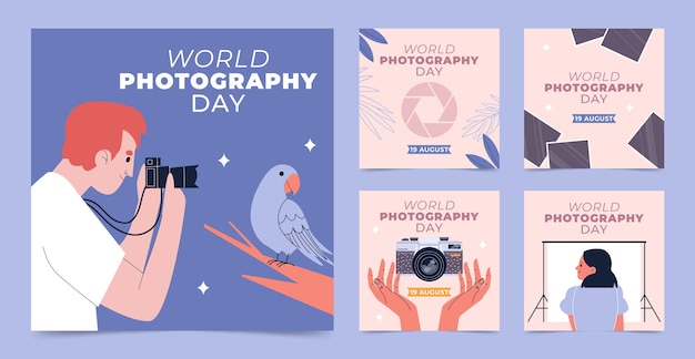 Vector gratuito colección plana de publicaciones de instagram para el día mundial de la fotografía