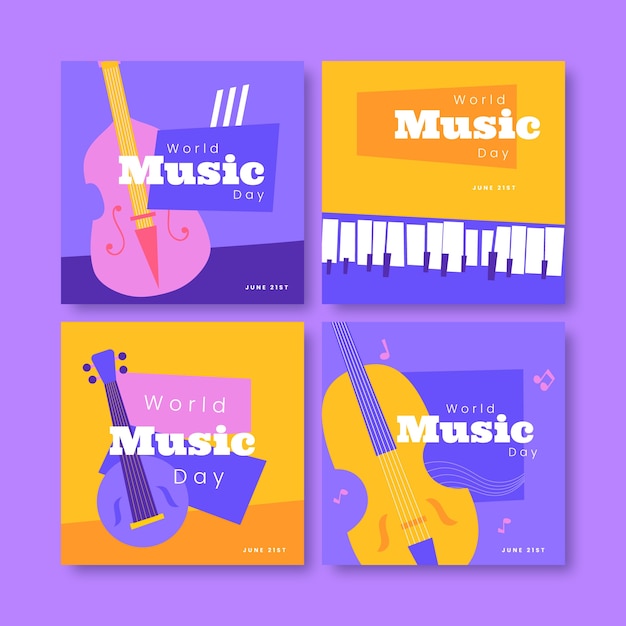 Vector gratuito colección plana de publicaciones de instagram del día mundial de la música