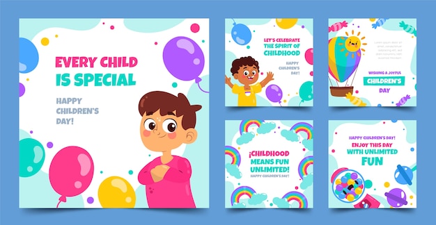 Vector gratuito colección plana de publicaciones de instagram del día mundial del niño